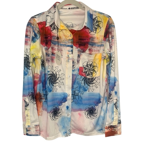 Espoir Equestrian Tops - NEW Espoir Equestrian XS Watercolor Ladies’ Button Front Artsy Art to Wear Top